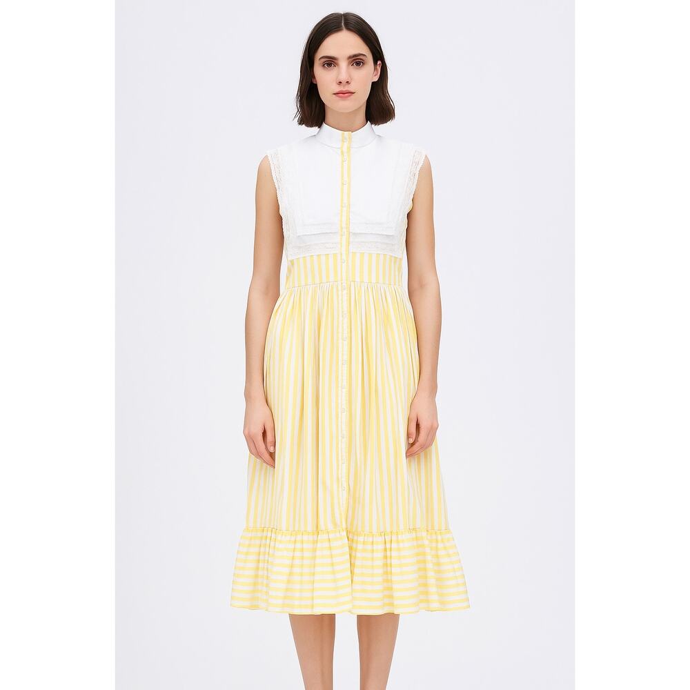 Vintage OOAK yellow & white striped dress double layer white lace square collar